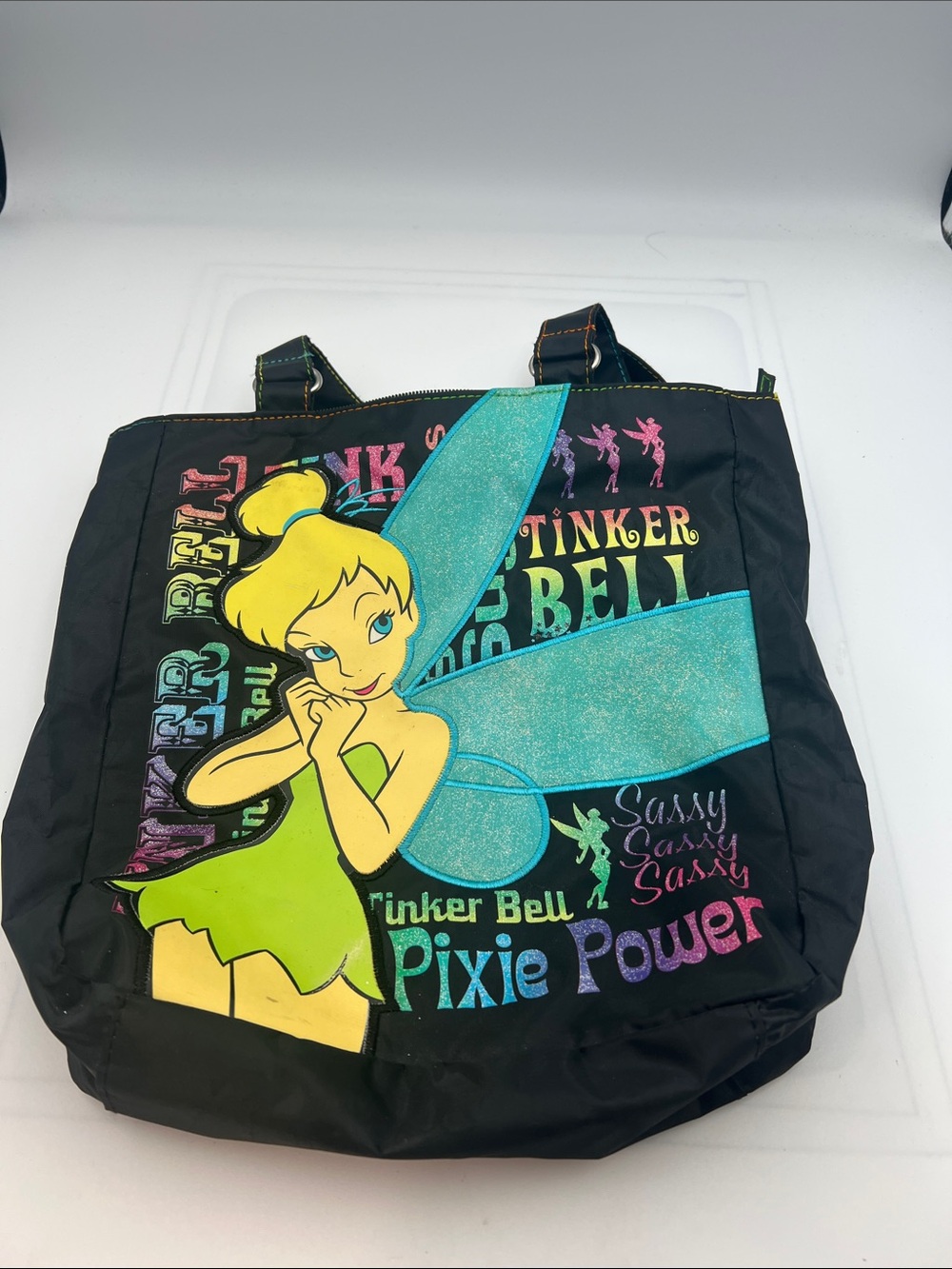 Disney Tinker Bell Pixie Power Tote Bag Black Shoulder Bag Glitter Wings